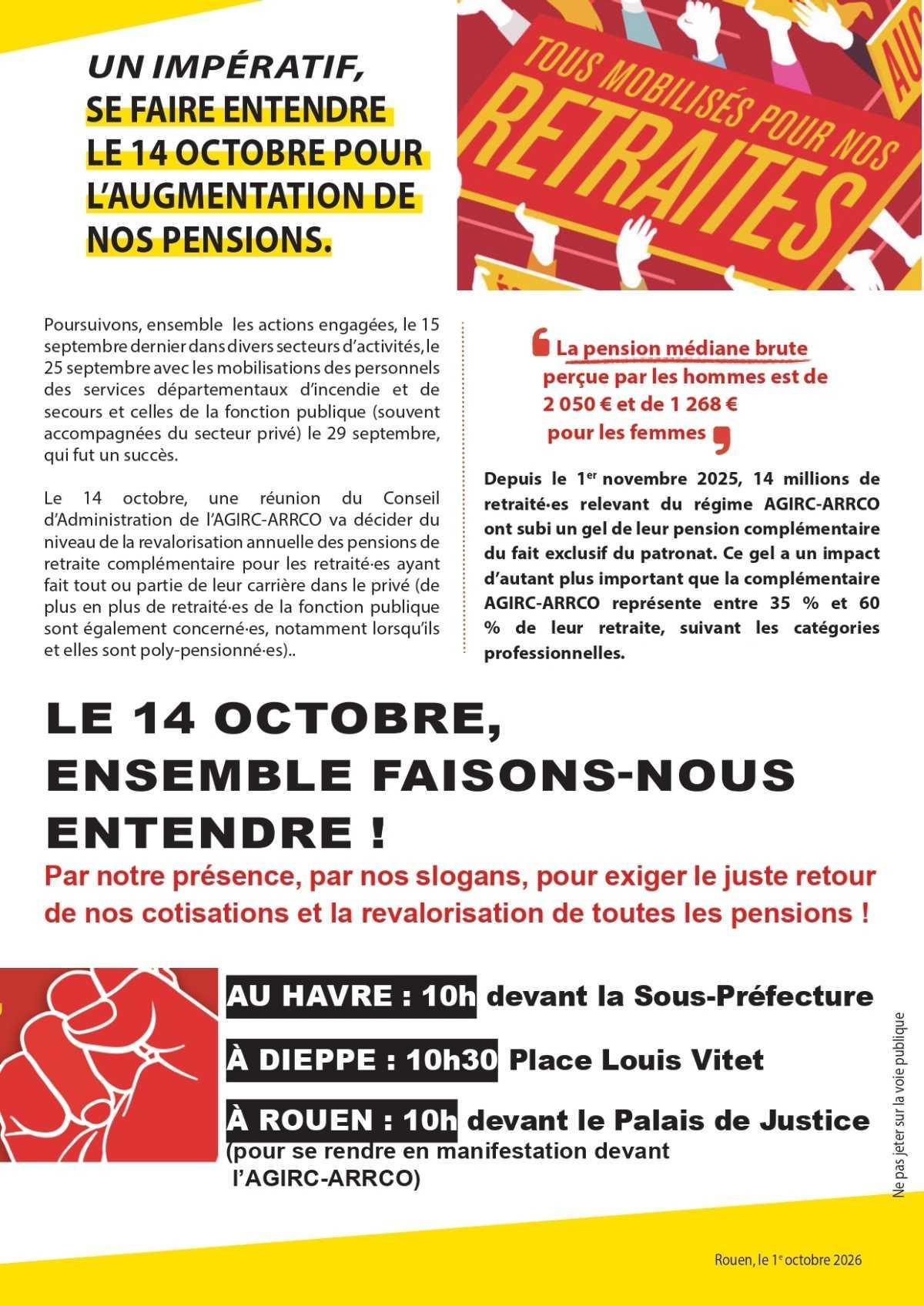 14 Octobre: Mobilisations pour les Retraites et complémentaires !