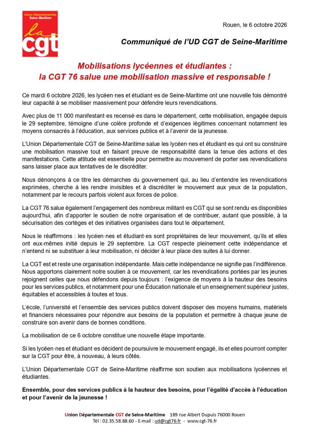 Communiqué CGT 76: la CGT salue la mobilisation lycéenne et étudiante !