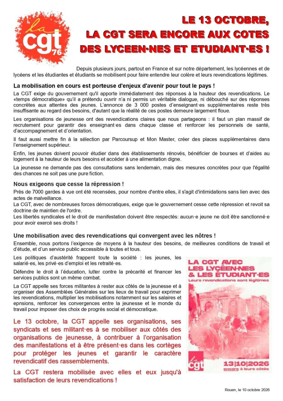 13 Oct: La CGT encore aux côtés des lycéens-nes et étudiant.e.s