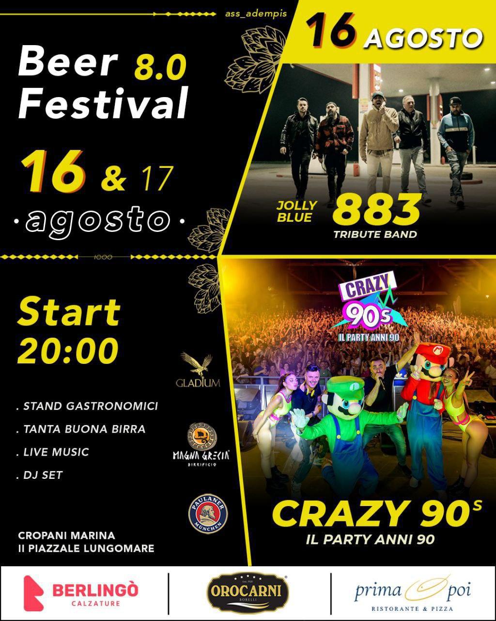 BEER FESTIVAL 8.0 - Concerto: 883 - Tribute Band - GRAZY 90 Le migliori hit degli anni 90 (start h. 20.00)