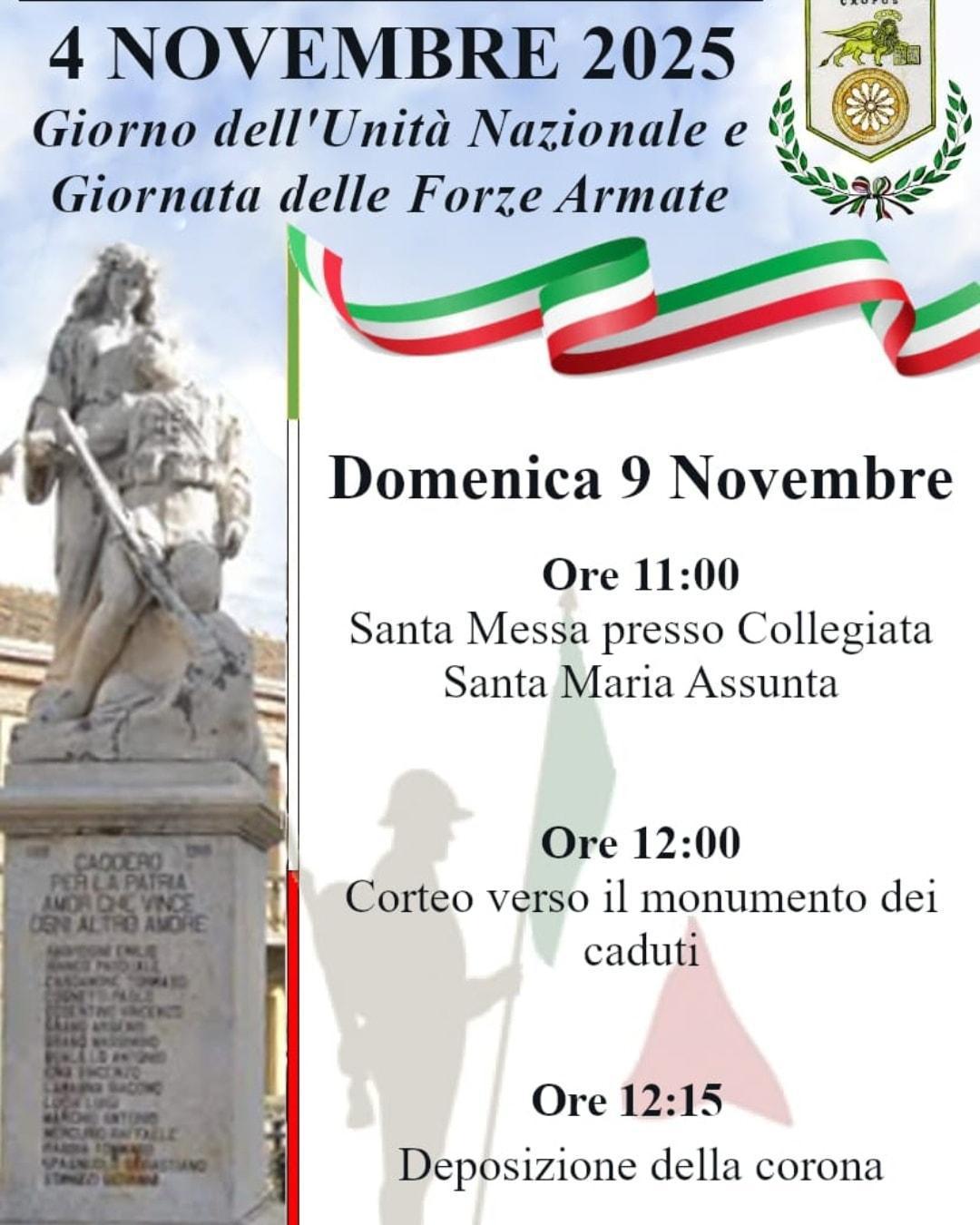 4 Novembre - Giornata dell'Unitร Nazionale e delle Forze Armate (dalle ore 11.00) 4 Novembre - Giornata dell'Unitร Nazionale e delle Forze Armate (dalle ore 11.00)