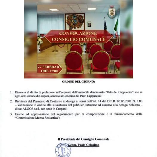Convocazione Consiglio Comunale (inizio ore 17.00)
