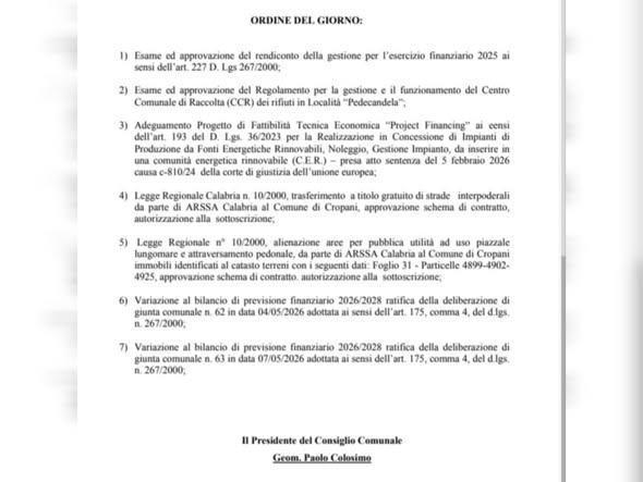 Convocazione Consiglio Comunale (inizio ore 9.30)