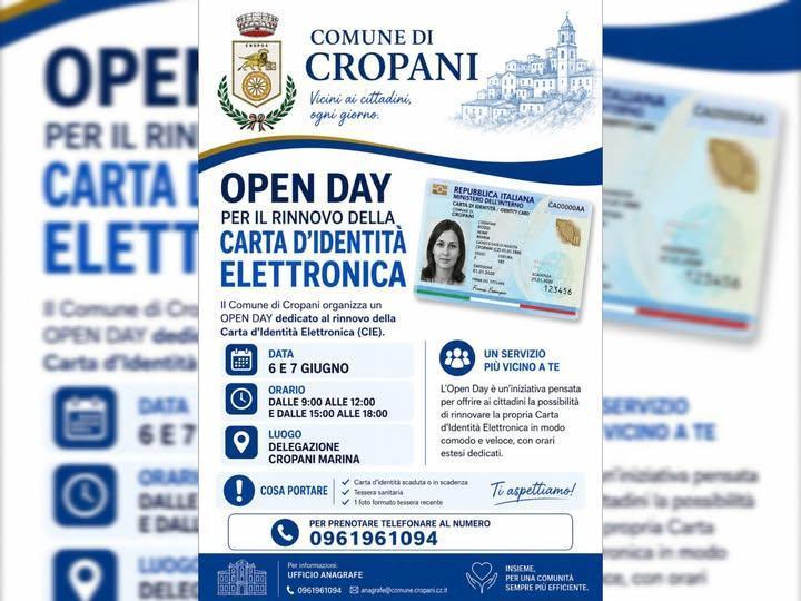Open Day per il Rinnovo della Carta d’Identità Elettronica (CIE) (dalle ore 9.00 alle 12.00 e dalle ore 15.00 alle 18.00)