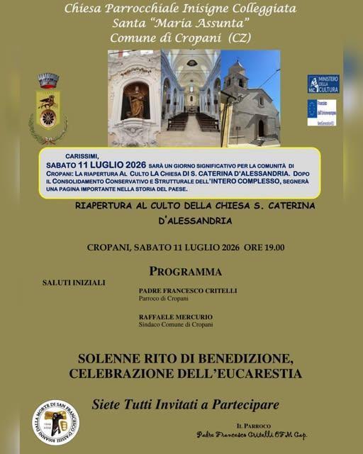 Riapertura al Culto della Chiesa Santa Caterina D'Alessandria (dalle ore 19:00) Riapertura al Culto della Chiesa Santa Caterina D'Alessandria (dalle ore 19:00)