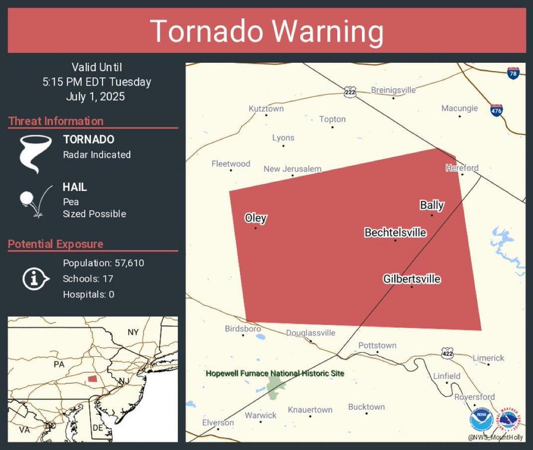 Tornado Warning Issued for Parts of Berks and Montgomery Counties
