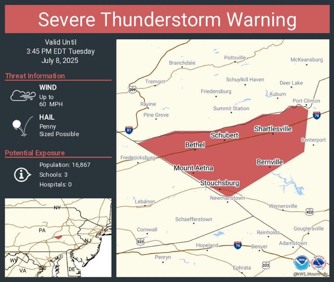 Severe Thunderstorm Warning issued for northwestern Berks County