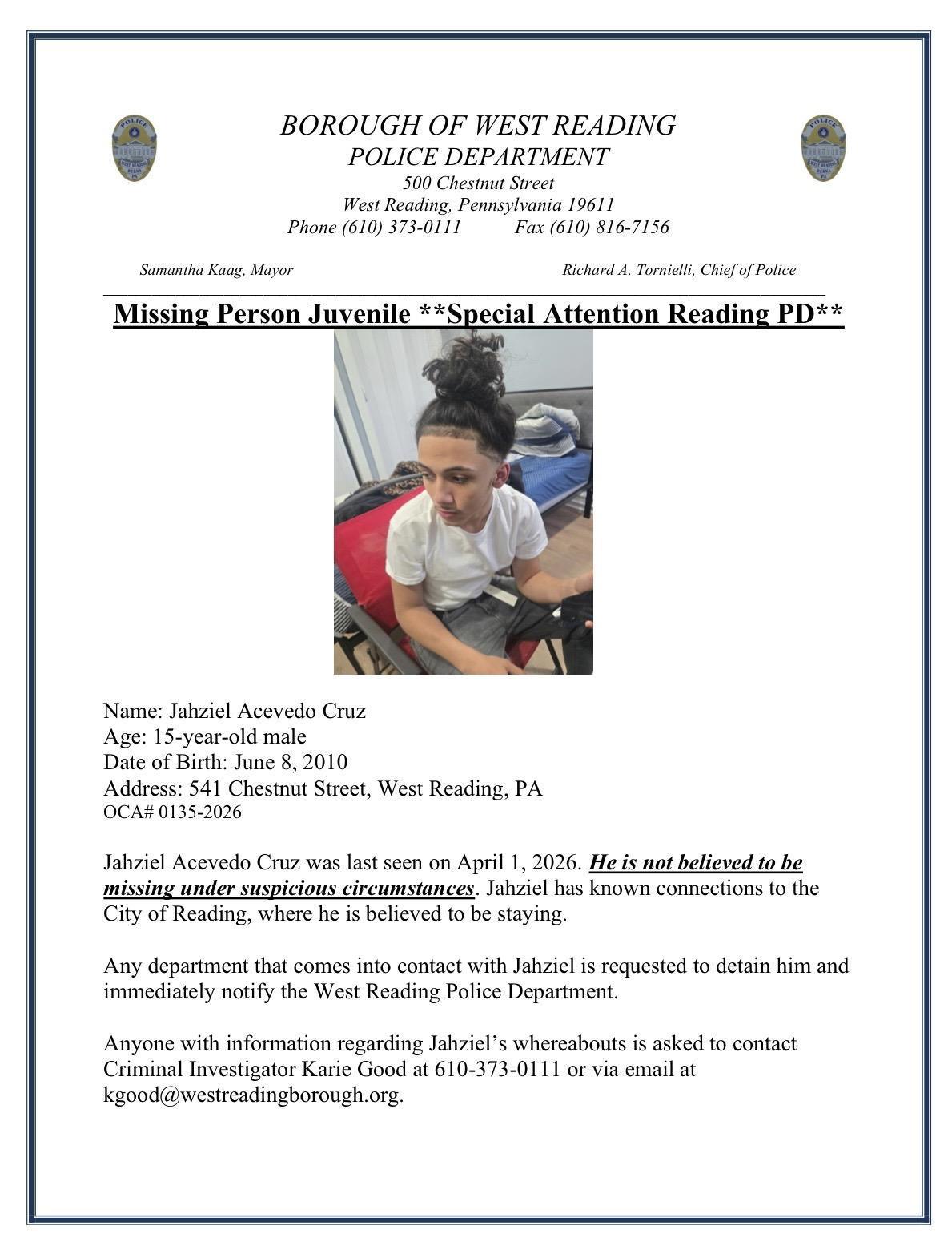 West Reading: Missing Juvenile West Reading: Missing Juvenile