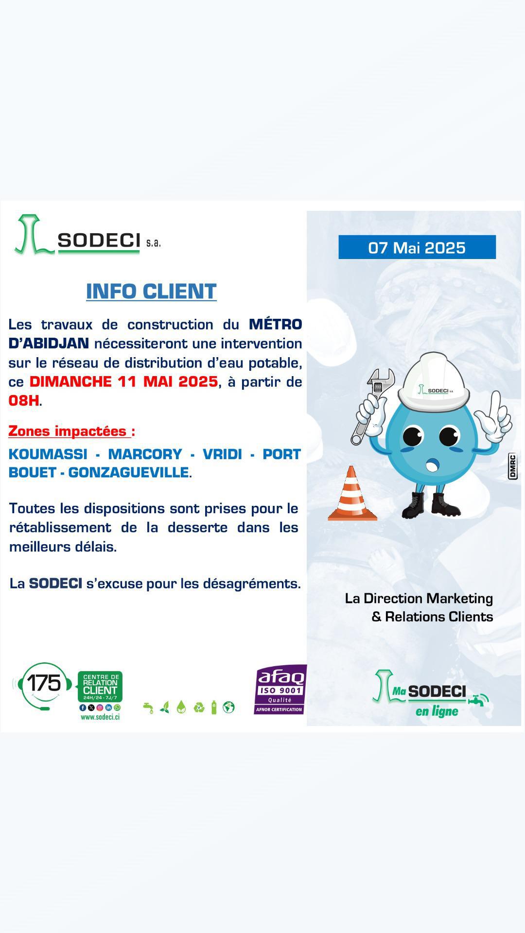 La SODECI annonce une coupure d'eau dans plusieurs quartiers d'Abidjan à partir du dimanche 11 mai 2025 : voici les zones touchées