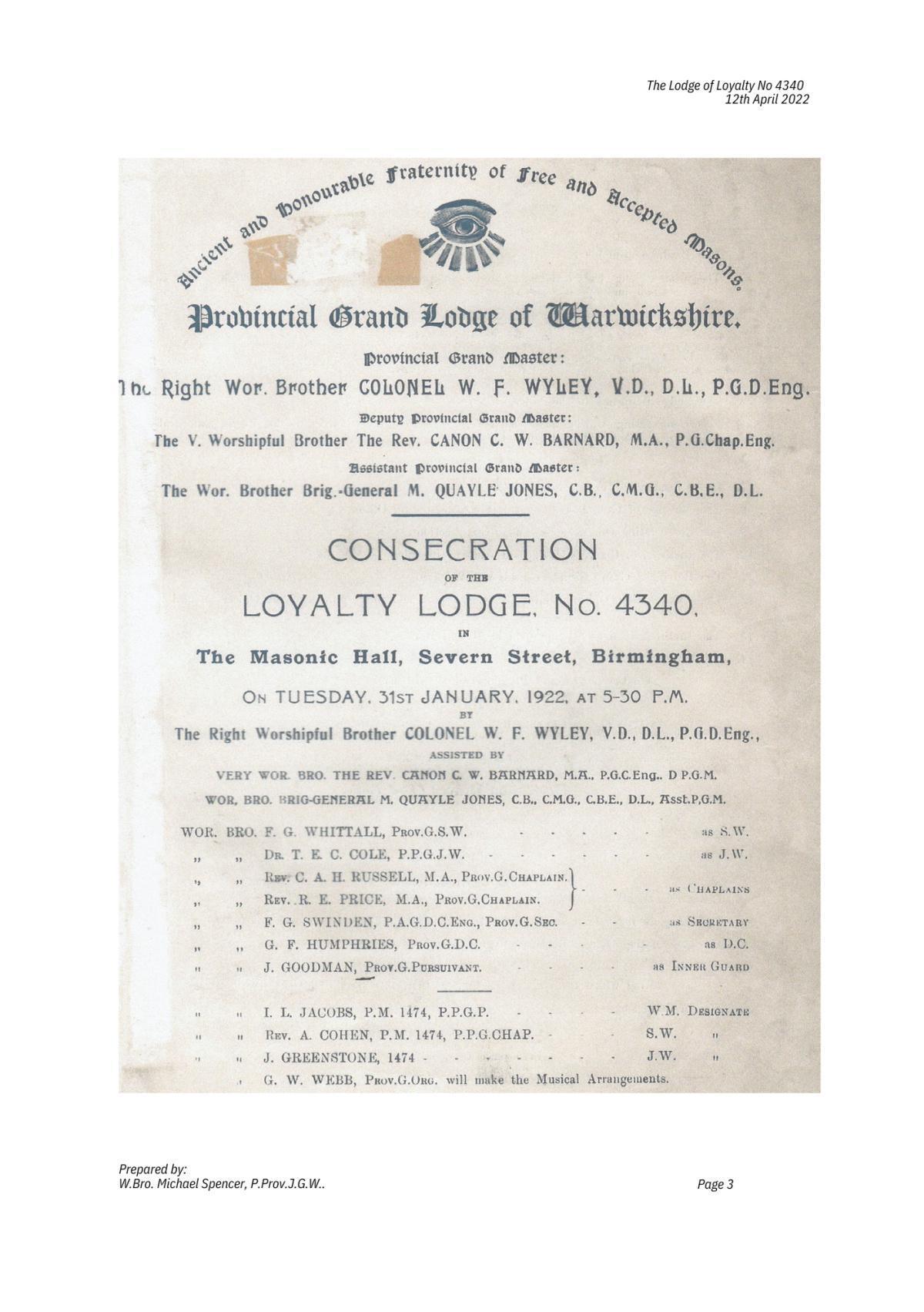 History: Lodge of Loyalty 4340 History: Lodge of Loyalty 4340