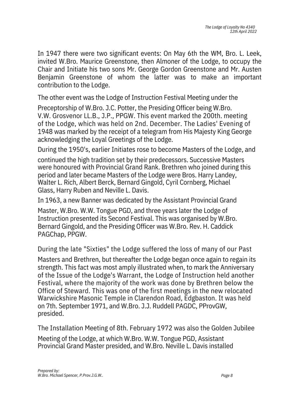 History: Lodge of Loyalty 4340 History: Lodge of Loyalty 4340