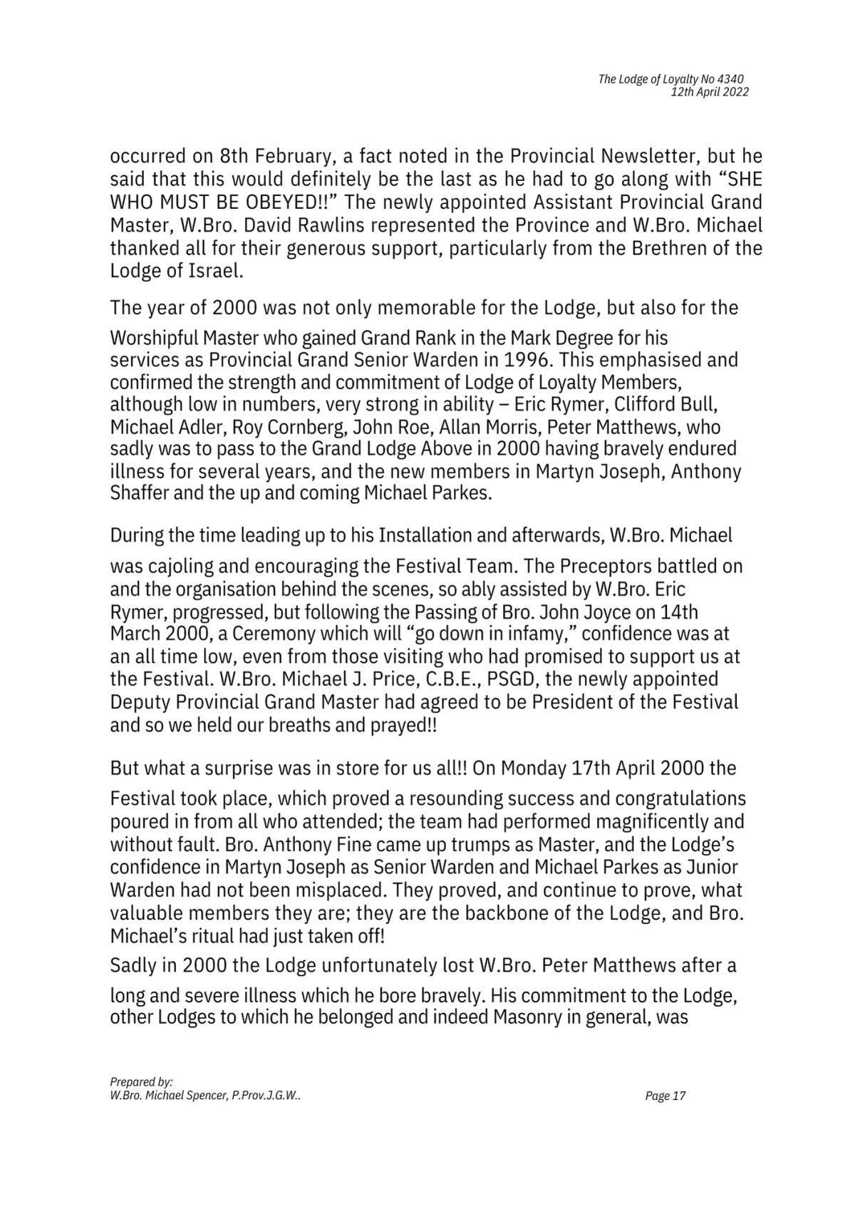 History: Lodge of Loyalty 4340 History: Lodge of Loyalty 4340