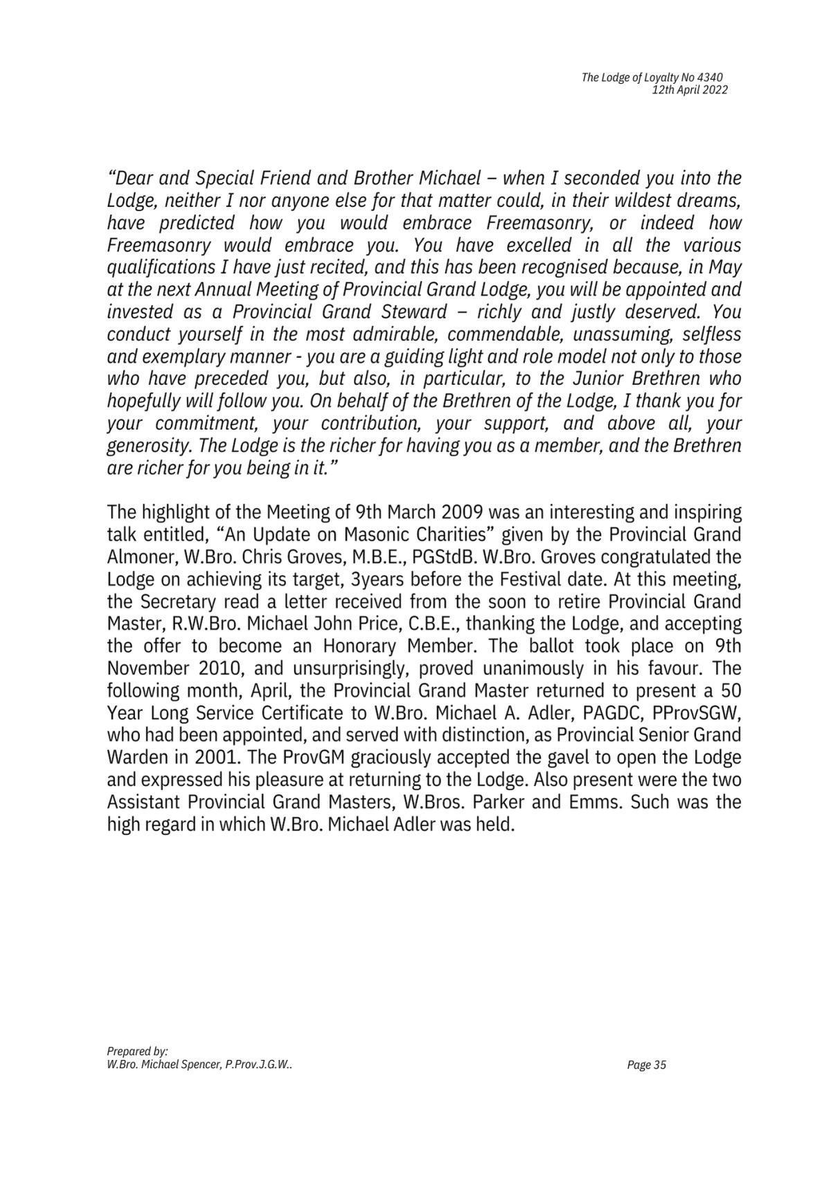 History: Lodge of Loyalty 4340 History: Lodge of Loyalty 4340