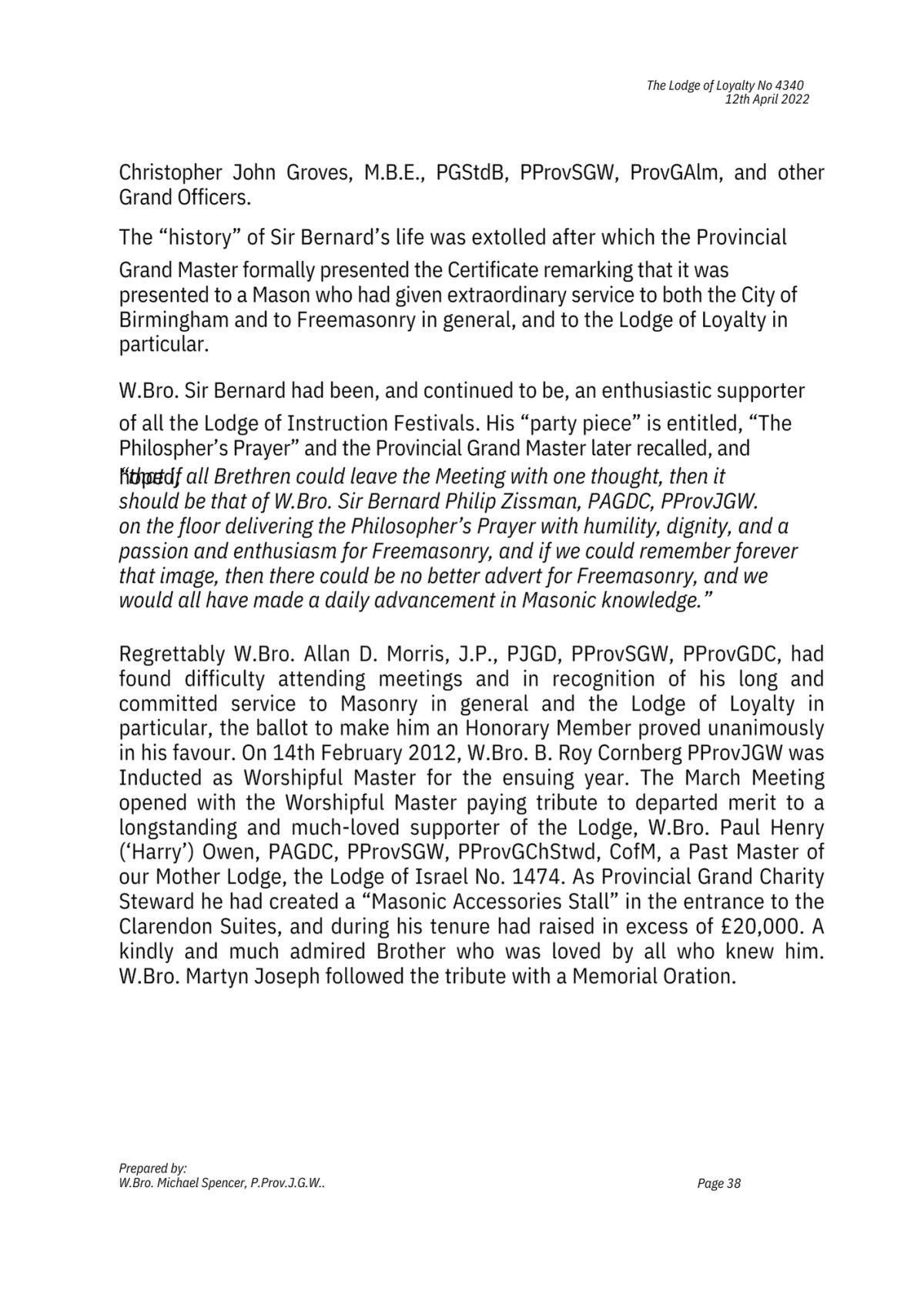 History: Lodge of Loyalty 4340 History: Lodge of Loyalty 4340