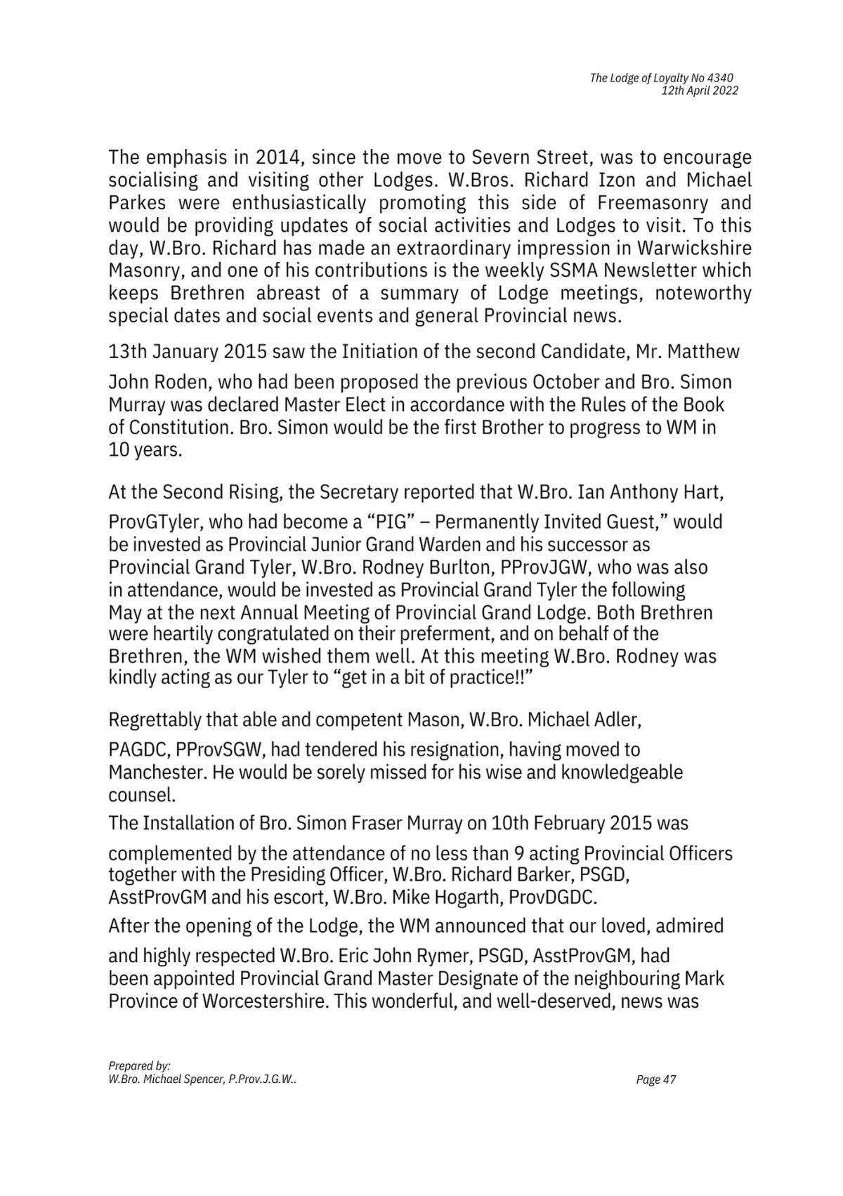 History: Lodge of Loyalty 4340 History: Lodge of Loyalty 4340