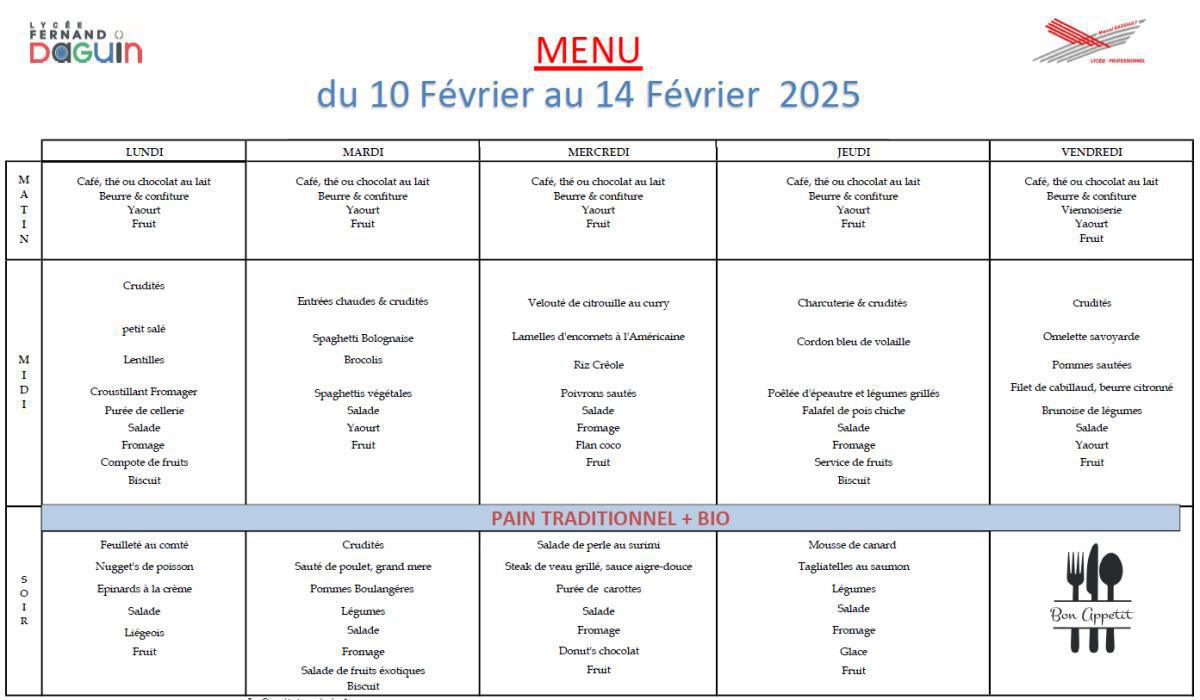 Les menus de la semaine - du 10 au 14 février 2025