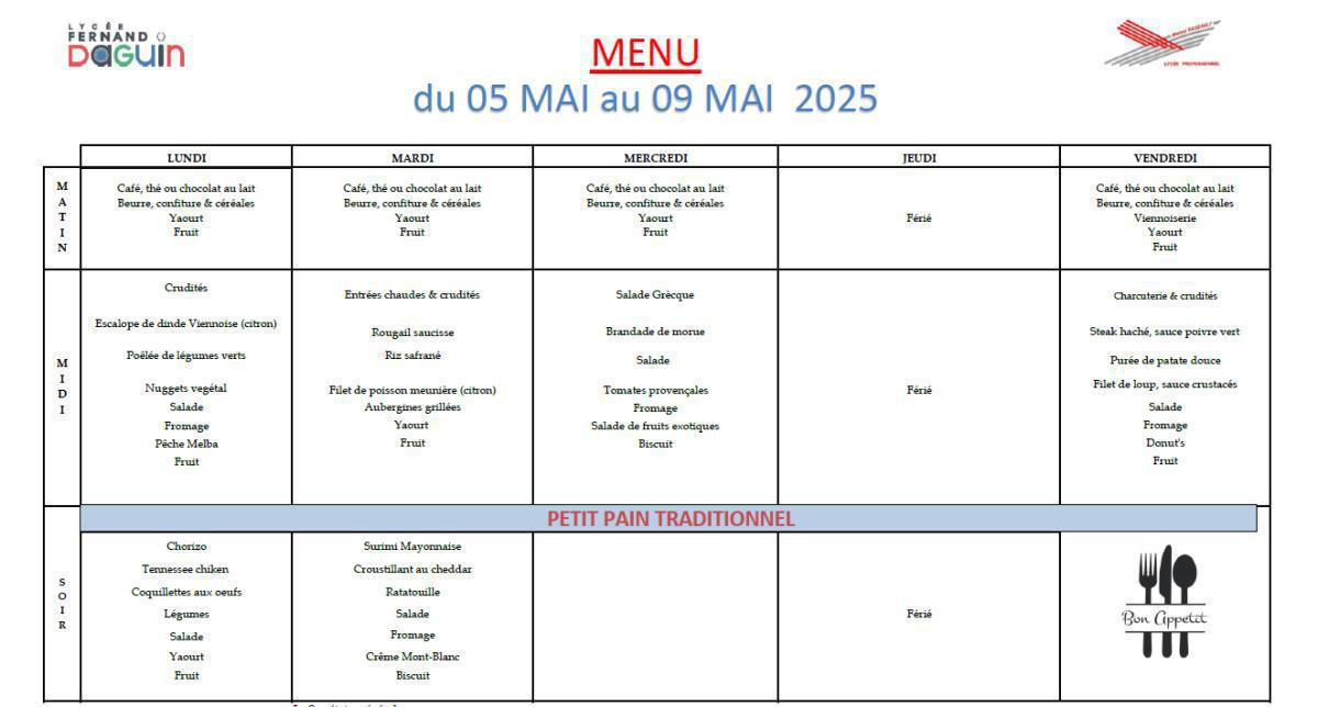 Les menus de la semaine - du 5 au 9 mai 2025