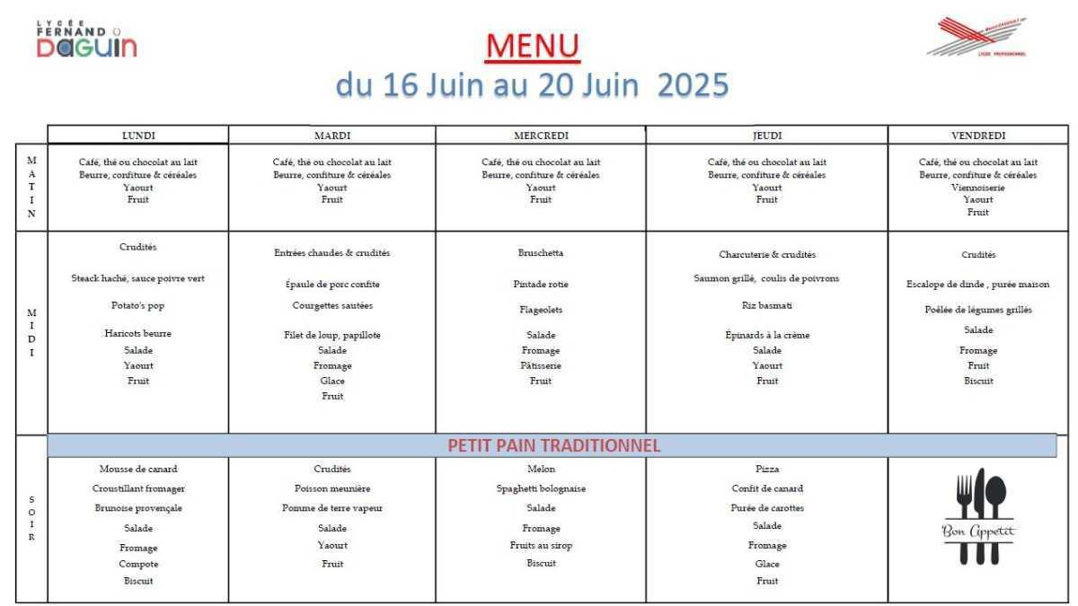 Les menus de la semaine - du 16 au 20 juin 2025
