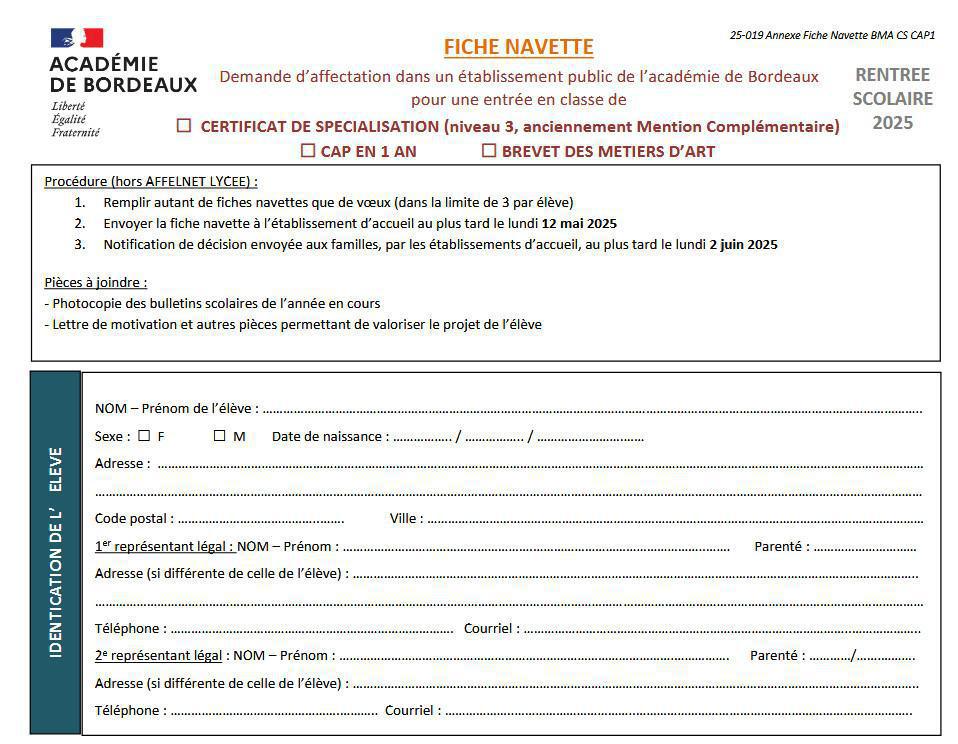 RENTREE 2025 - Dossier de candidature - Admission en CAP HORLOGER 1 AN