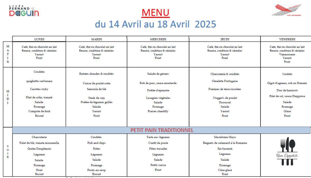Les menus de la semaine - du 14 au 18 mars 2025