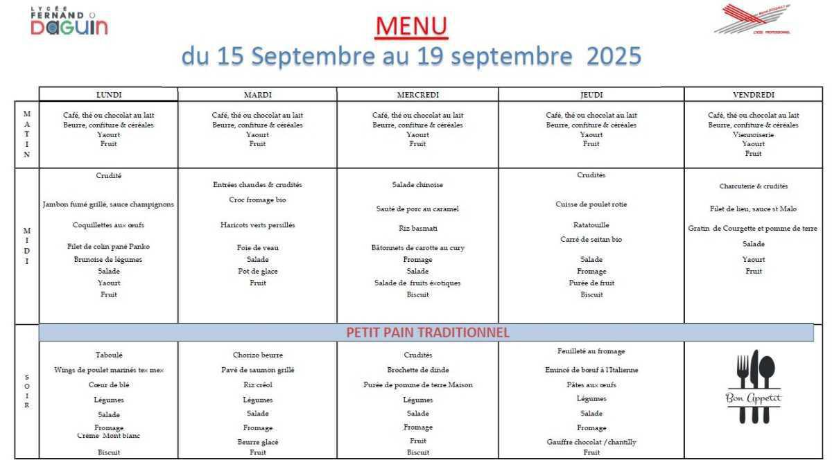Les menus de la semaine - du 15 au 19 septembre 2025