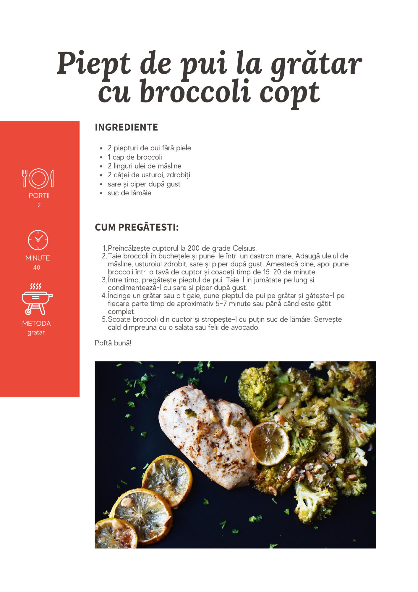 Piept de pui la gratar cu broccoli copt