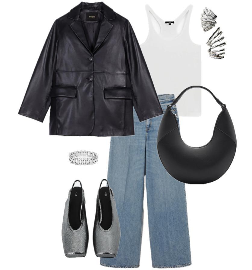 The outfit is relaxed with a leather jacket