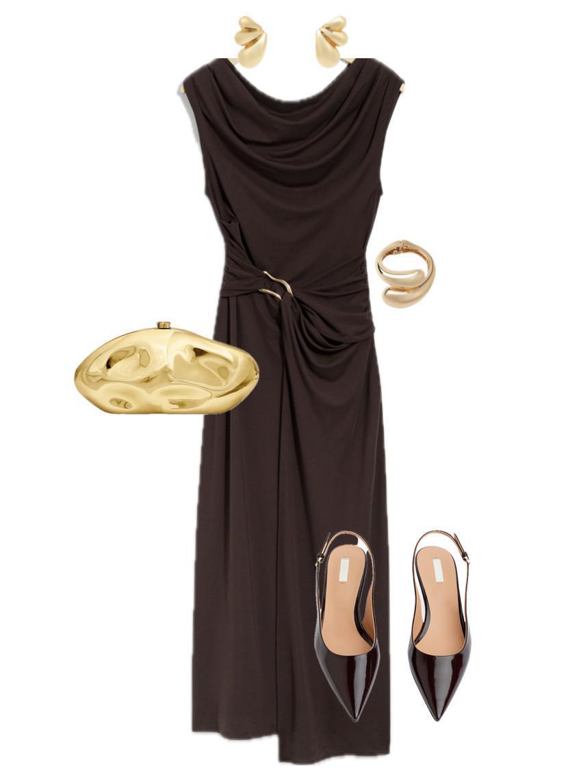 An outfit featuring a draped dress with a gold accent at the waist