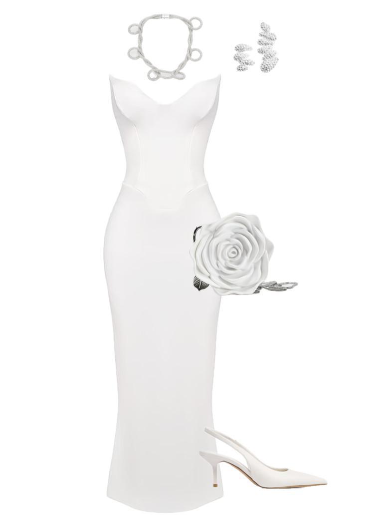 An outfit featuring an elegant white corset dress An outfit featuring an elegant white corset dress