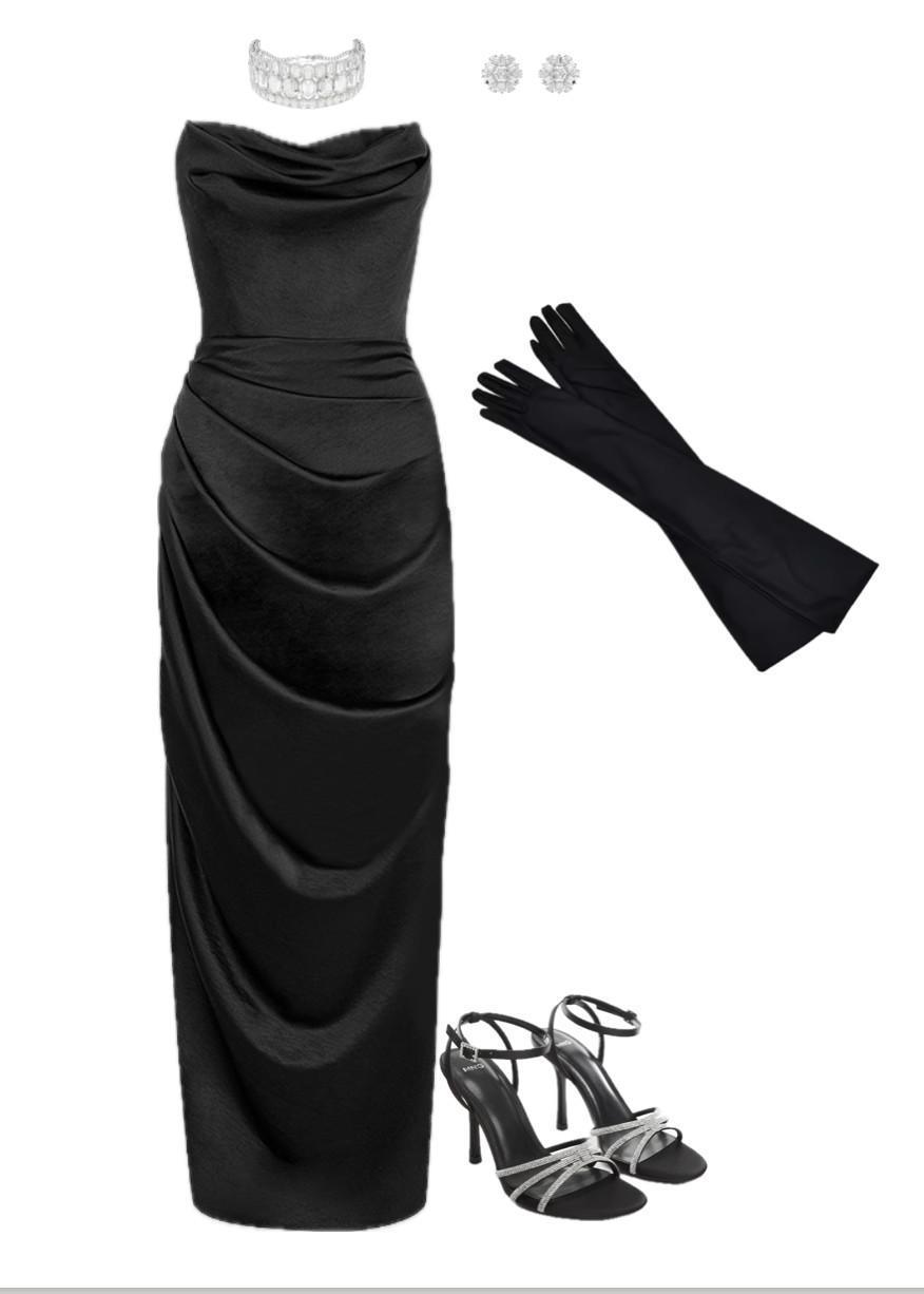 An outfit featuring an elegant corset dress with draping