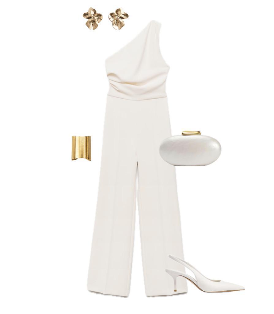 An outfit featuring a jumpsuit with a one-shoulder statement