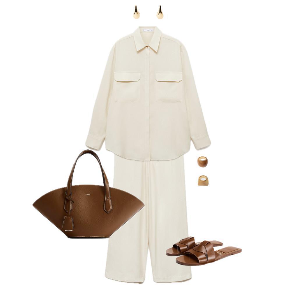 An outfit featuring a lightweight suit paired with caramel-colored accessories