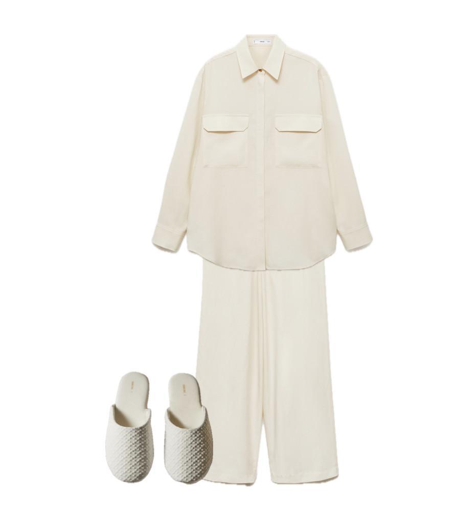 An outfit with a light fabric milk-colored suit