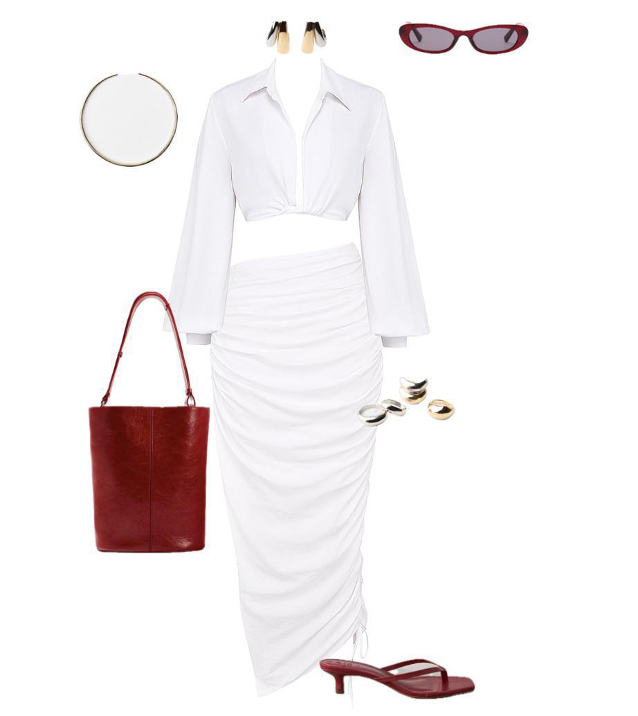 Outfit with fabric draping and statement accessories
