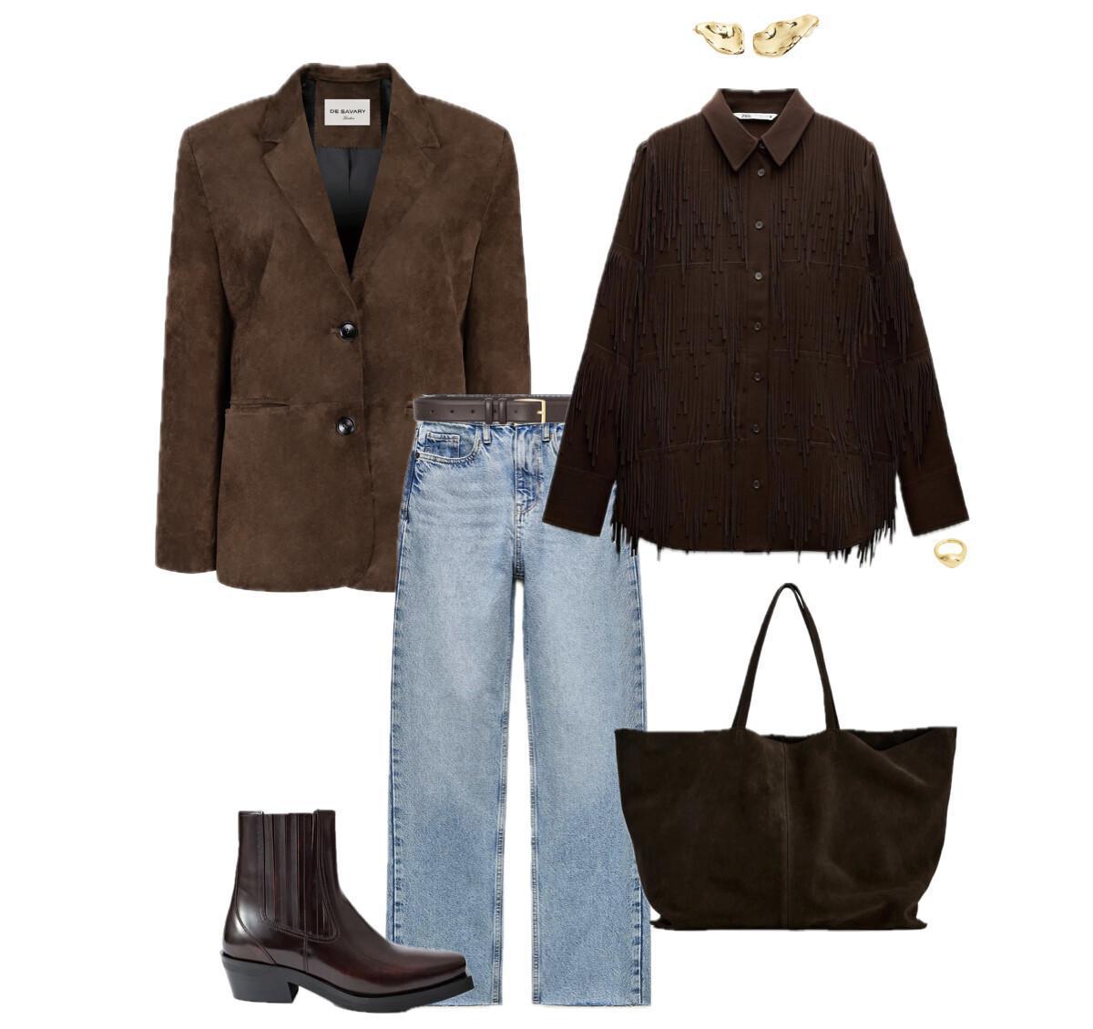 An outfit with a suede jacket and a statement shirt