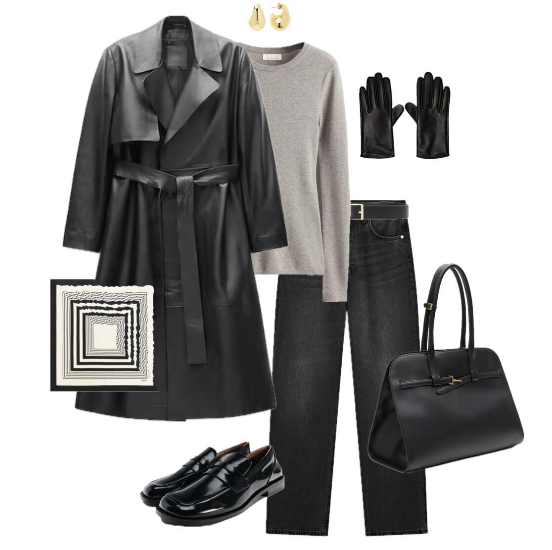 A relaxed outfit with a leather trench coat
