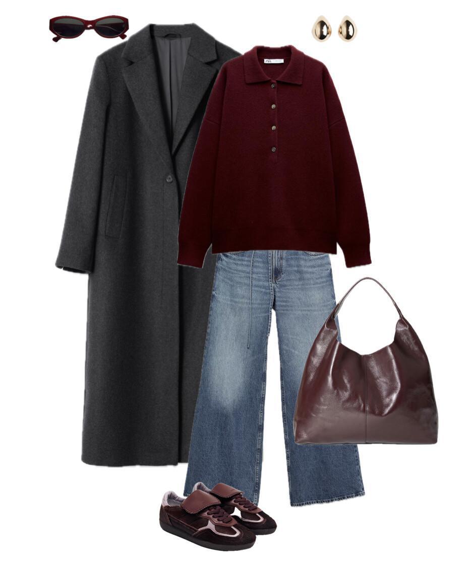 An outfit with burgundy accents