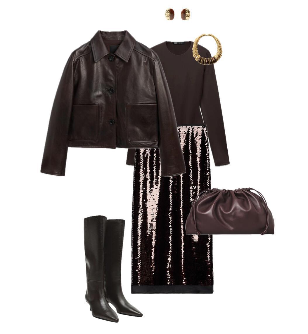 An outfit with a patent leather blazer and an iridescent burgundy skirt An outfit with a patent leather blazer and an iridescent burgundy skirt