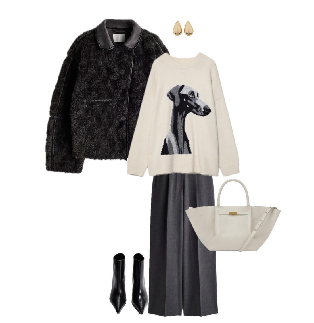 An outfit featuring a cropped faux shearling jacket and a statement printed sweater