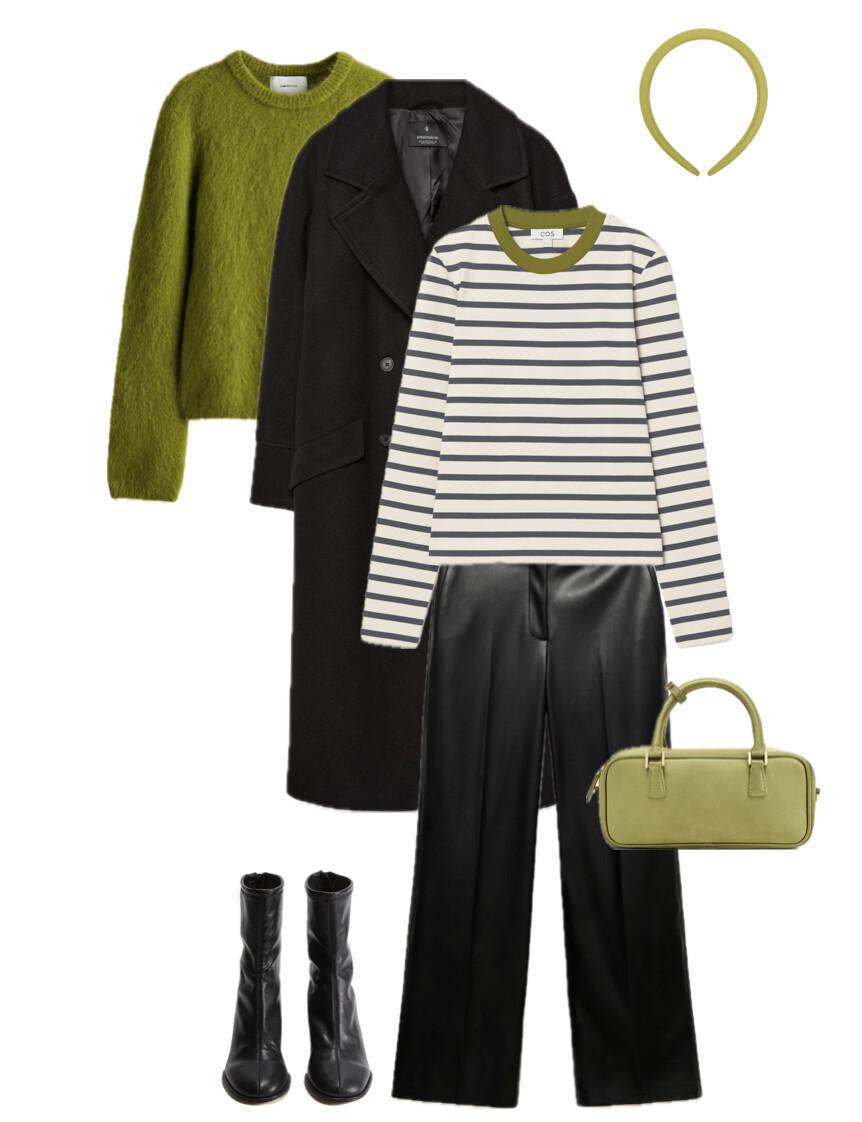 An outfit featuring an accent lime-colored sweater and a striped long sleeve