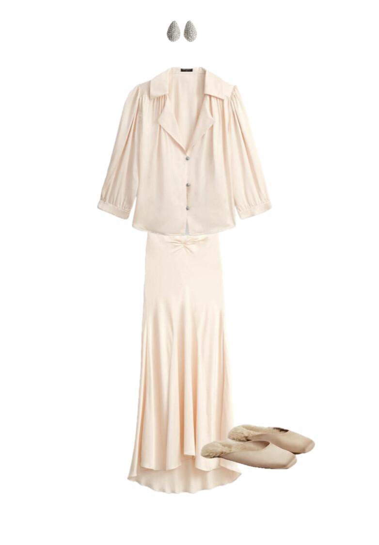 Outfit featuring a satin set with a skirt