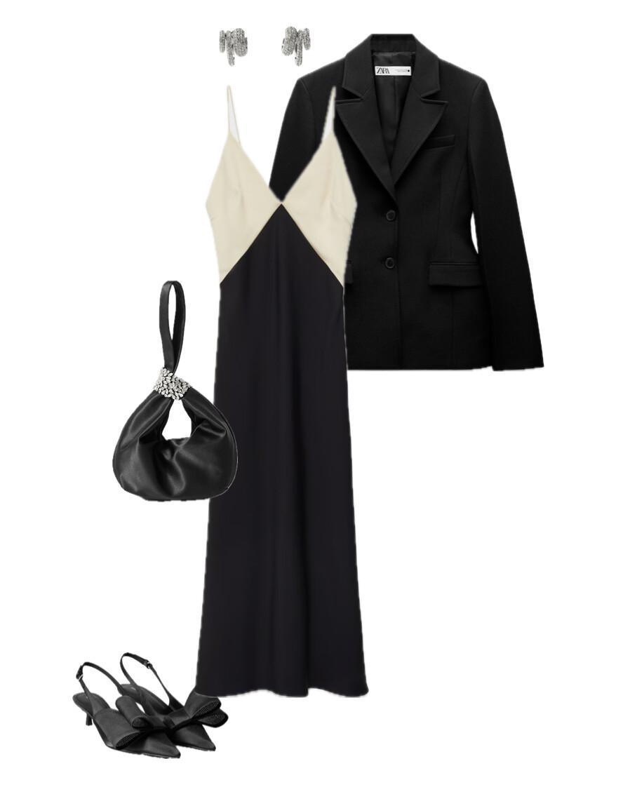 An outfit featuring a flowing color-block dress with accent details