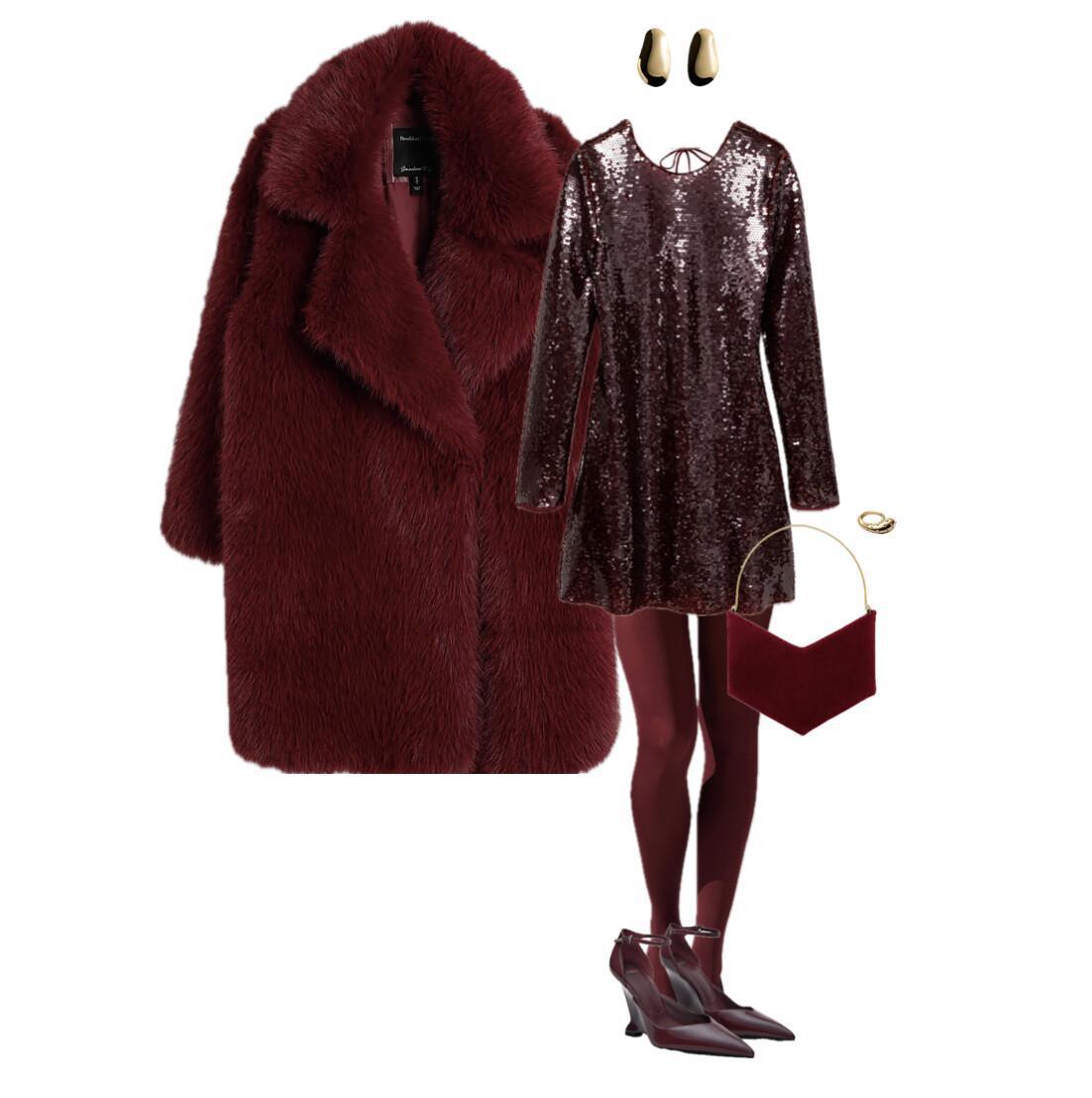 An outfit featuring a shimmering mini dress paired with a textured faux fur coat