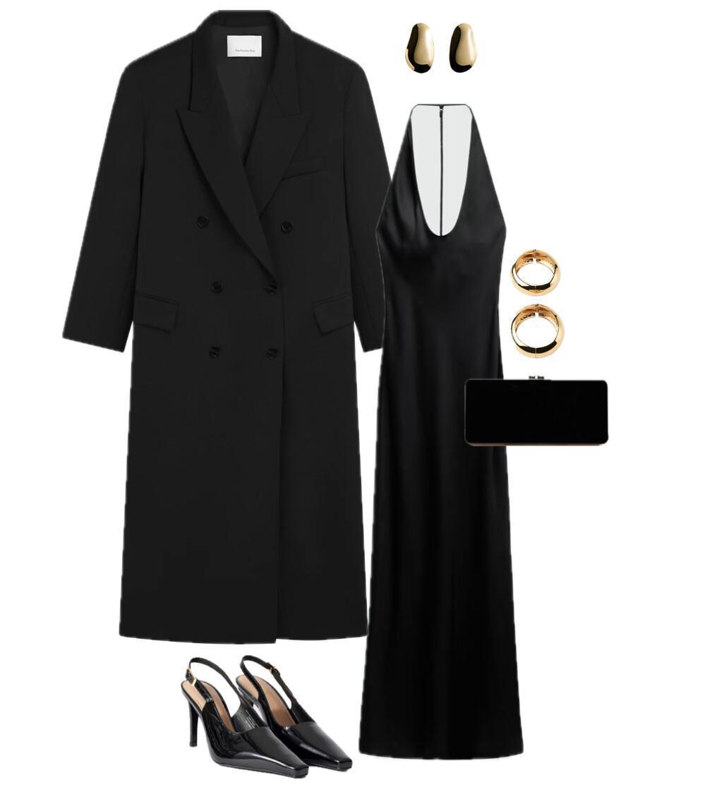 A total black outfit featuring a maxi dress paired with a masculine-style coat