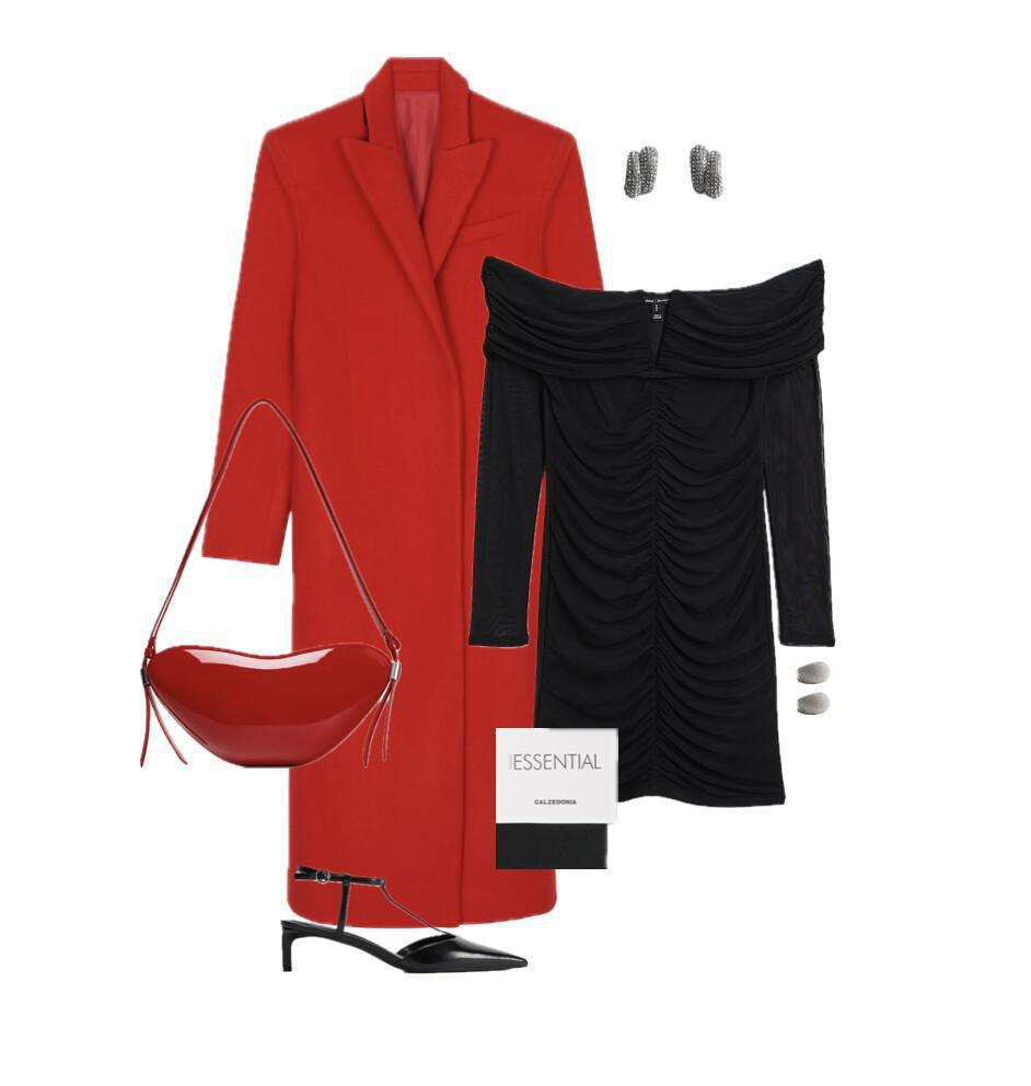 An outfit featuring a black mini dress paired with a statement red maxi coat