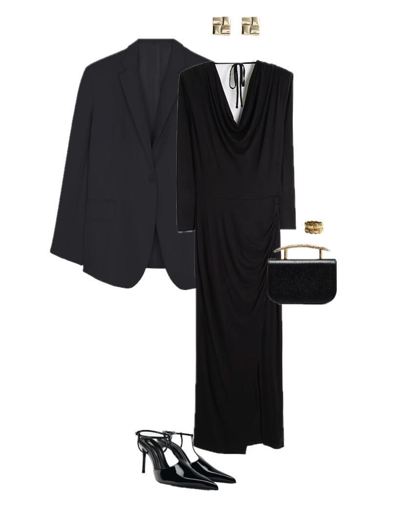 A total black outfit featuring a maxi dress paired with a single-breasted blazer