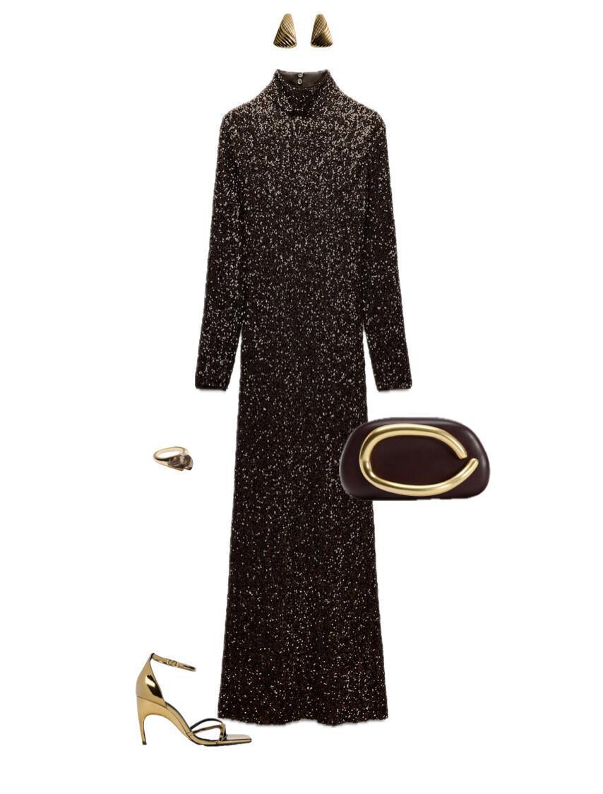An outfit featuring a shimmering dress paired with metallic sandals An outfit featuring a shimmering dress paired with metallic sandals