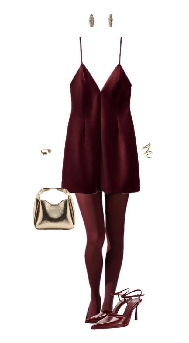 An outfit featuring a red velvet dress paired with a metallic handbag