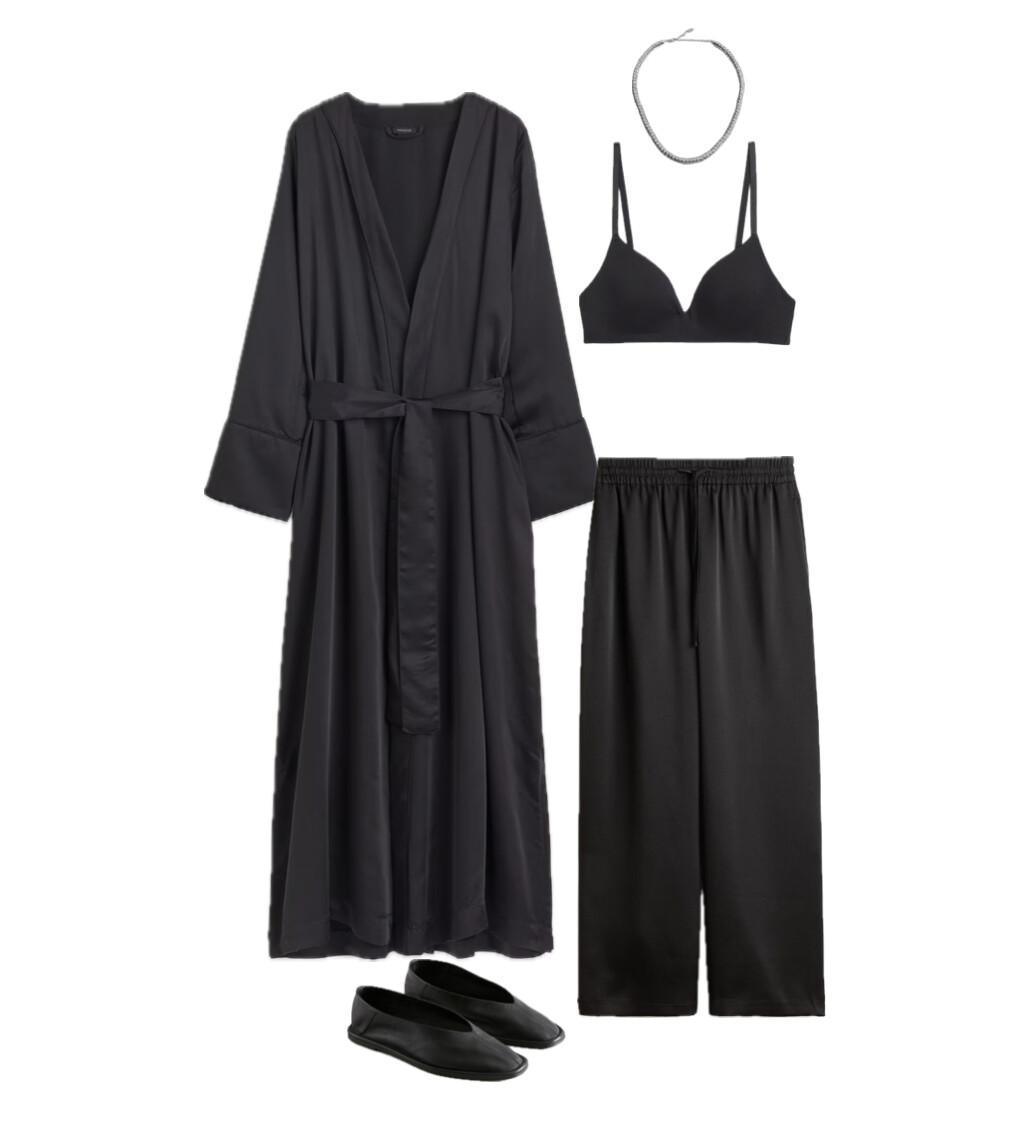 Outfit with a Satin Robe, Relaxed Trousers, and a Stylish Bralette