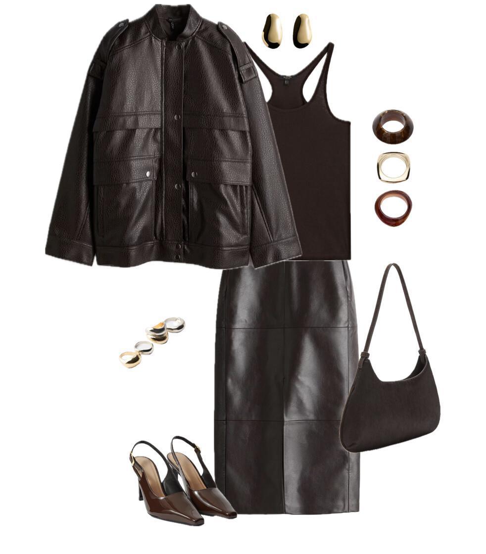 Outfit with a Leather Jacket, Skirt and Fur Bag Combo